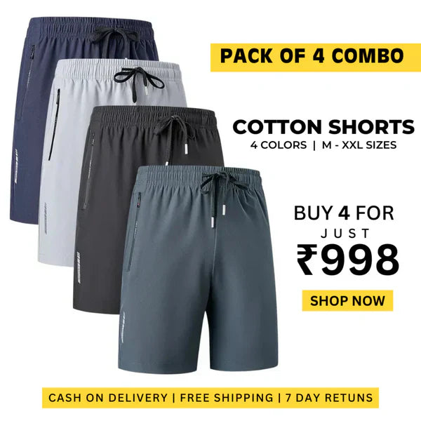 Pack of 4 Men's Stretchable Cotton Shorts for summers ☀️(₹299*/piece)