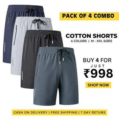 Pack of 4 Men's Stretchable Cotton Shorts for summers ☀️(₹299*/piece)