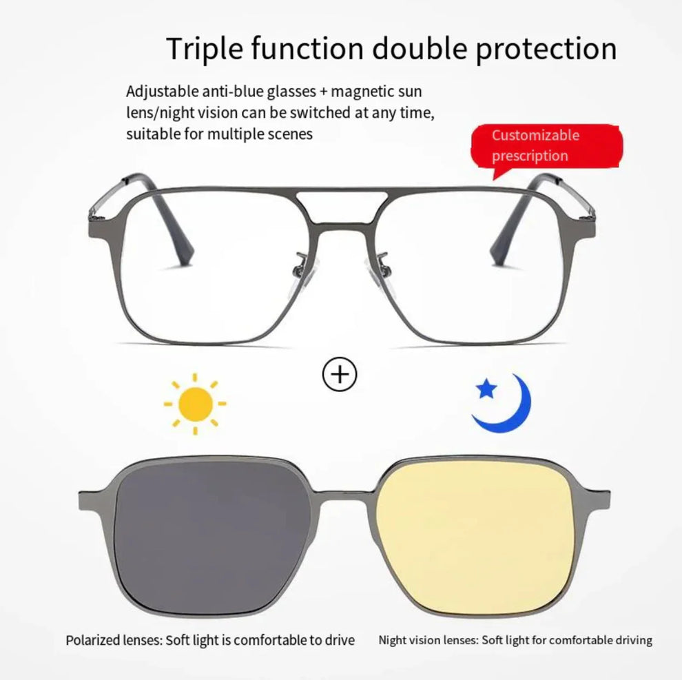 3-in-1 Magnetic Clip-On Sunglasses + Eyeglasses for Men & Women 🕶️✨ (Night Vision Driving, UV Protection)